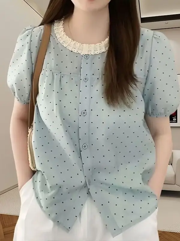 Faionable Polka Dot Lace round Ne irt Women's ort Sve Summer New Sle Bubble Sve Slimming Loose Top
Faionable Polka Dot Lace round Ne irt Women's ort Sve Summer New Sle Bubble Sve Slimming Loose Top