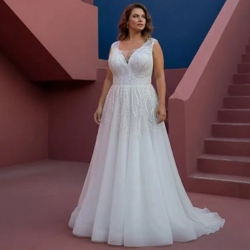Exquisite Tulle A-Line Sleeveless Wedding Dress Appliques Lace V-Neck Bridal Gowns with Lace Up Bck Customized robe de mariée
Exquisite Tulle A-Line Sleeveless Wedding Dress Appliques Lace V-Neck Bridal Gowns with Lace Up Bck Customized robe de mariée