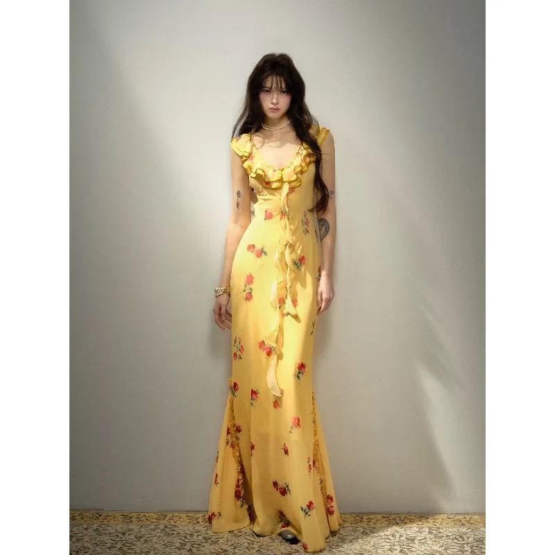 2025 Summer Women Elegant Thin Chiffon Floral Print Yellow Dress Vintage Sweet Long Sleeve Slim Fit Casual V-neck Midi Dresses
2025 Summer Women Elegant Thin Chiffon Floral Print Yellow Dress Vintage Sweet Long Sleeve Slim Fit Casual V-neck Midi Dresses