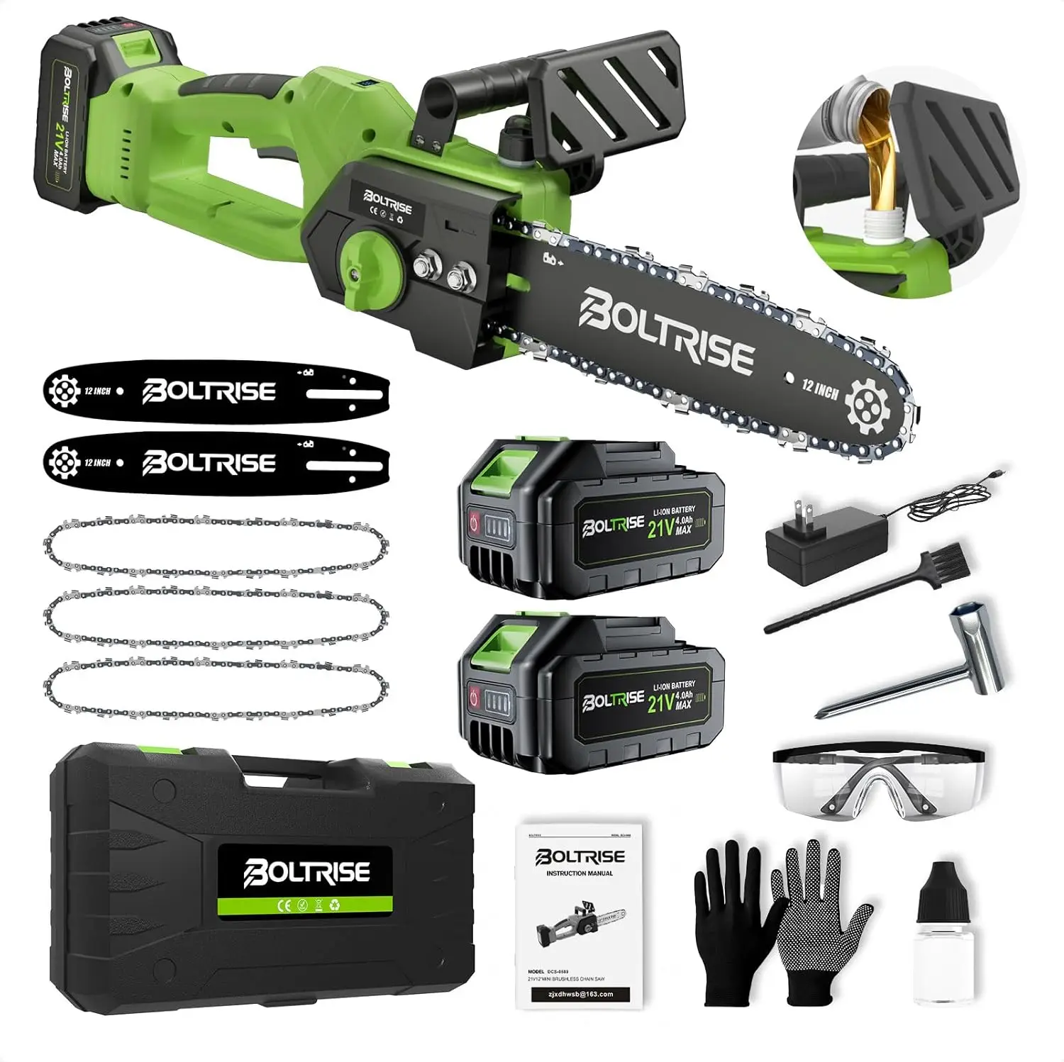12" Cordless Brushless Chainsaw, 2×4.0Ah Batteries, Auto Oiler, 32.8 ft/s, for Tree Trimming & Wood Cutting
12" Cordless Brushless Chainsaw, 2×4.0Ah Batteries, Auto Oiler, 32.8 ft/s, for Tree Trimming & Wood Cutting