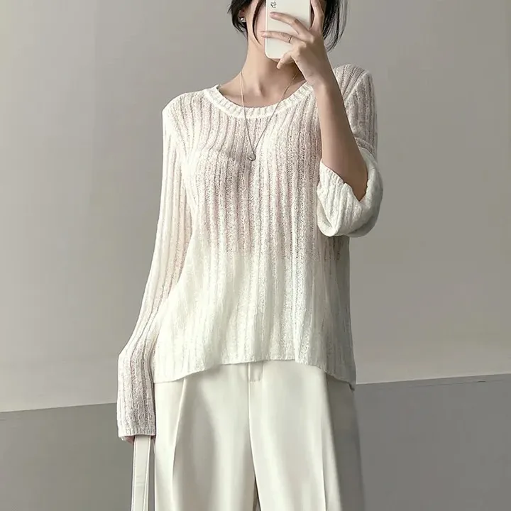 2026 Summer Chic Korean Style Ice Silk Thin Knitted Long Sleeve round Neck Striped Pure Color Simple Match Women's Top
2026 Summer Chic Korean Style Ice Silk Thin Knitted Long Sleeve round Neck Striped Pure Color Simple Match Women's Top