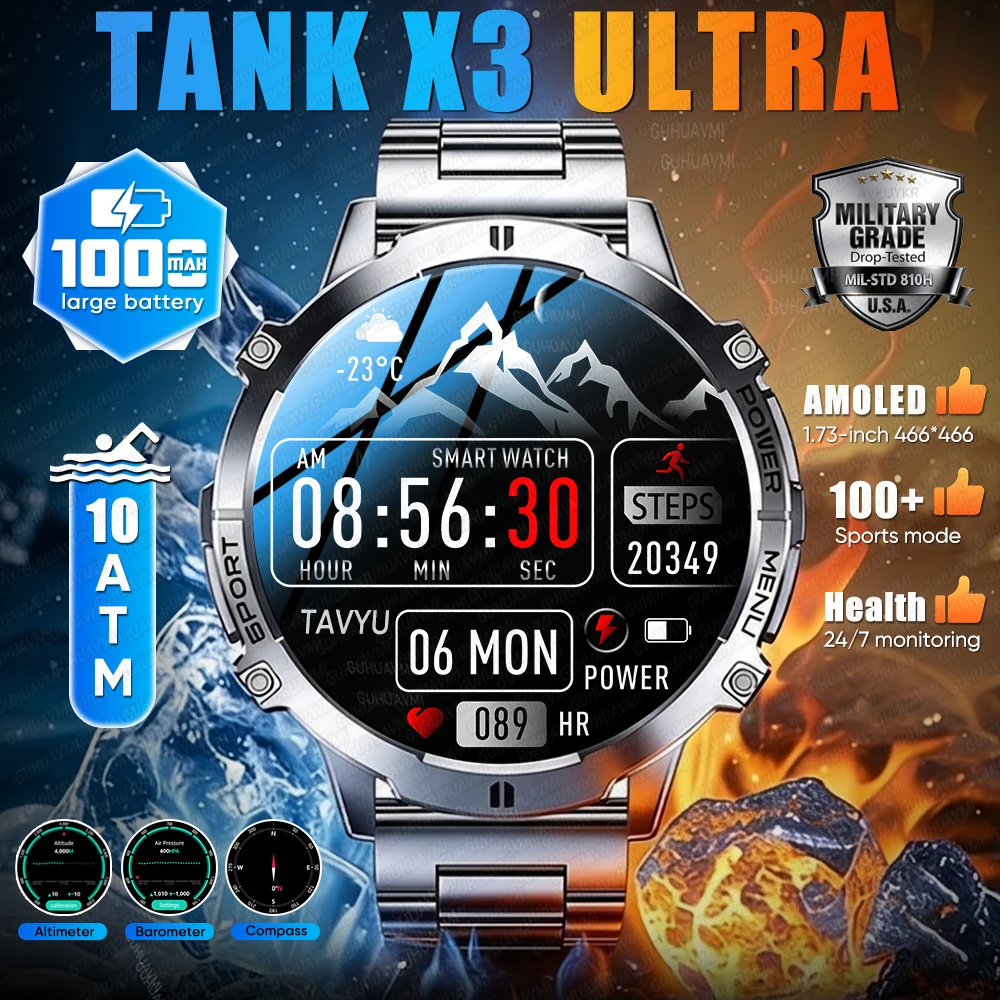 2026 New TANK Ultra 1000mAh Battery Smart Watch Men 1.73" HD AMOLED GPS 10ATM Swim Compass Barometer BT Call Military Smartwatch
2026 New TANK Ultra 1000mAh Battery Smart Watch Men 1.73" HD AMOLED GPS 10ATM Swim Compass Barometer BT Call Military Smartwatch