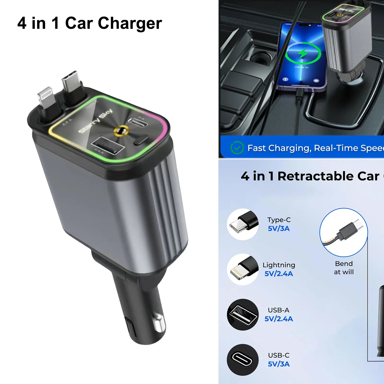 For Tesla Model Y Juniper 2025 4 in 1 Retractable Car Charger Super Fast Charger for IPhone 17 with 2 USB Ports Starry Sky Top
For Tesla Model Y Juniper 2025 4 in 1 Retractable Car Charger Super Fast Charger for IPhone 17 with 2 USB Ports Starry Sky Top