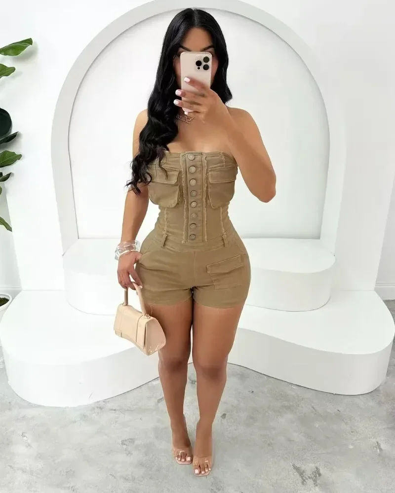 Women Solid High Stretch Denim Cargo Playsuits Multi Pockets Strapless Single Breasted Backless Skinny Casual Jeans Rompers
Women Solid High Stretch Denim Cargo Playsuits Multi Pockets Strapless Single Breasted Backless Skinny Casual Jeans Rompers