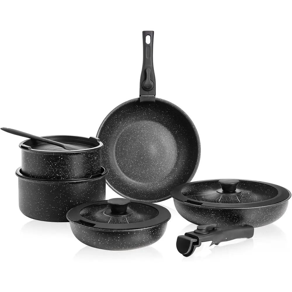 Black 12Pcs Granite Nonstick Pots Pans Set Detachable Handle Induction Compatible With Silicone Utensils Oven Dishwasher Safe
Black 12Pcs Granite Nonstick Pots Pans Set Detachable Handle Induction Compatible With Silicone Utensils Oven Dishwasher Safe