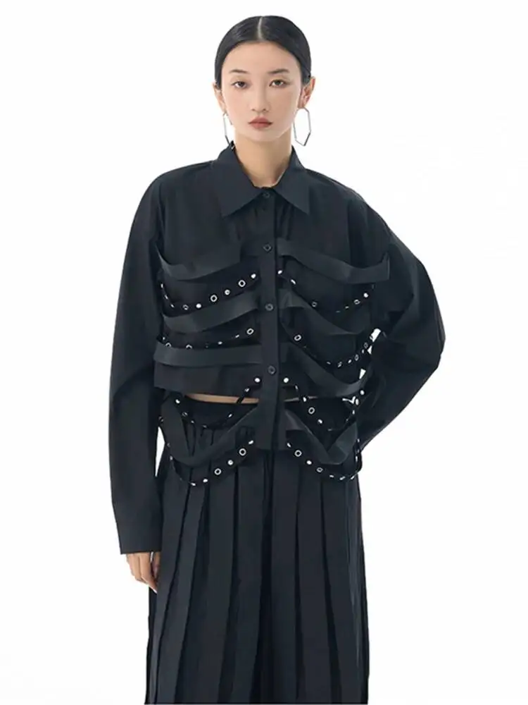 Women Black Ribbon Rivet Spliced Big Size Blouse New Lapel Long Sleeve Shirt Fashion Tide Spring Autumn
Women Black Ribbon Rivet Spliced Big Size Blouse New Lapel Long Sleeve Shirt Fashion Tide Spring Autumn