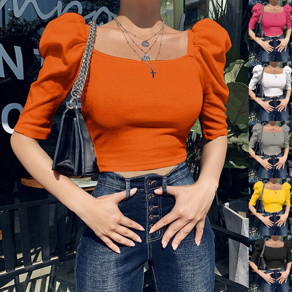 2025 New Women's Short T-shirt Puff Sleeve Square Neck Slim Fit Slim Navel Top Pullover Hot Girl Tees for Female 
2025 New Women's Short T-shirt Puff Sleeve Square Neck Slim Fit Slim Navel Top Pullover Hot Girl Tees for Female