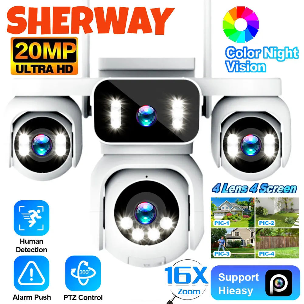 20MP 10K Home Security Outdoor WiFi IP Camera 4 Lens 4 Screens 360° PTZ CCTV Wireless Surveillance Auto Tracking 16X Zoom Camera
20MP 10K Home Security Outdoor WiFi IP Camera 4 Lens 4 Screens 360° PTZ CCTV Wireless Surveillance Auto Tracking 16X Zoom Camera