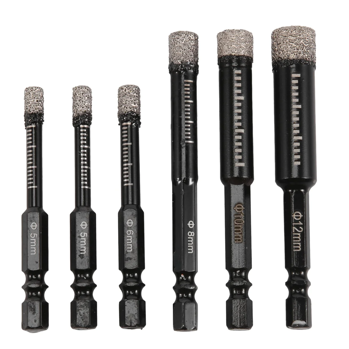 6Pc Black Dry Diamond Drill Bits Set for Granite Ceramic Marble Tile Stone Glass Hard Materials
6Pc Black Dry Diamond Drill Bits Set for Granite Ceramic Marble Tile Stone Glass Hard Materials