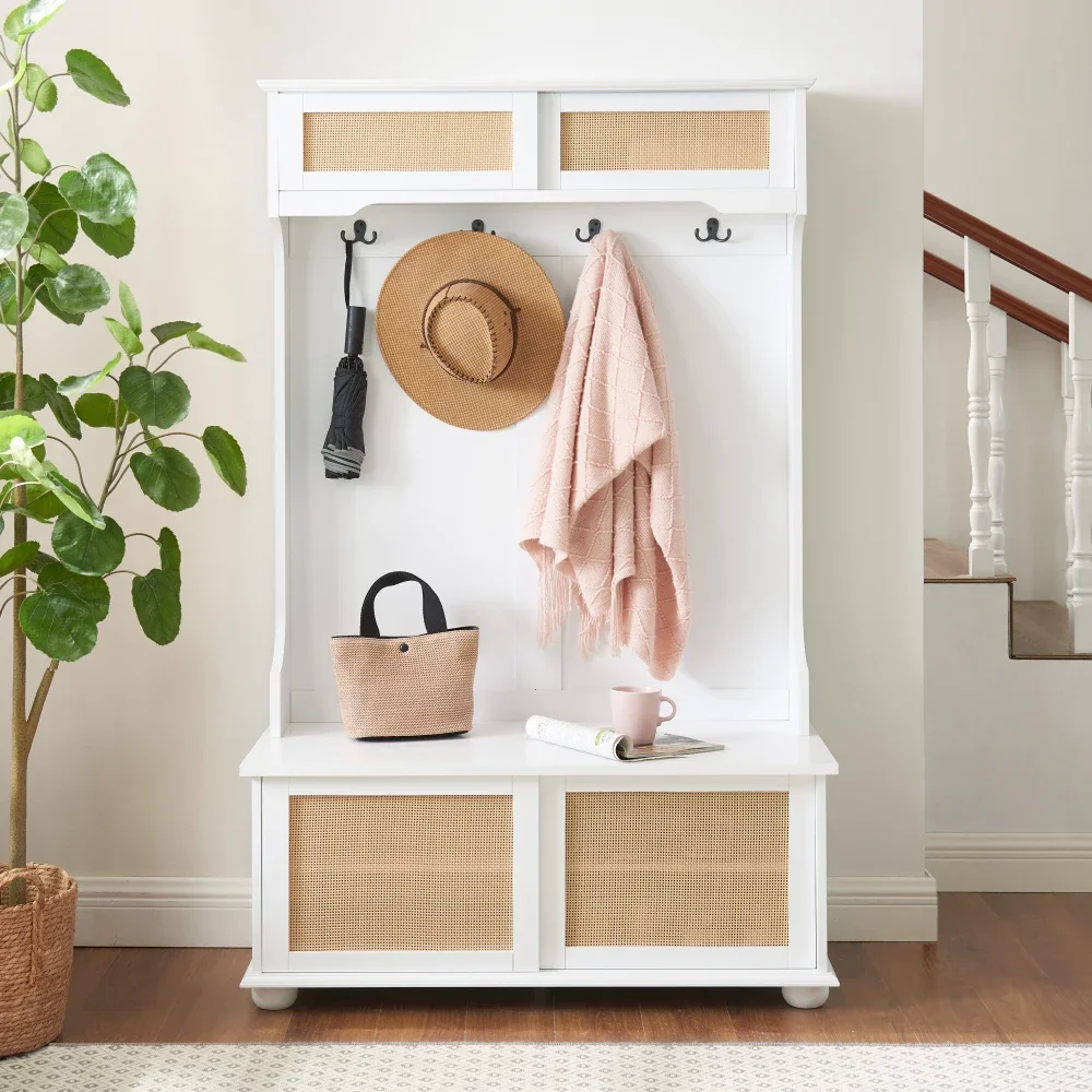 Casual Style Hall Tree Entryway Bench with Rattan Door Shelves and Shoe Cabinets, SOLID WOOD Feet, White, 40.16"W*18.58"D*64.17"
Casual Style Hall Tree Entryway Bench with Rattan Door Shelves and Shoe Cabinets, SOLID WOOD Feet, White, 40.16"W*18.58"D*64.17"