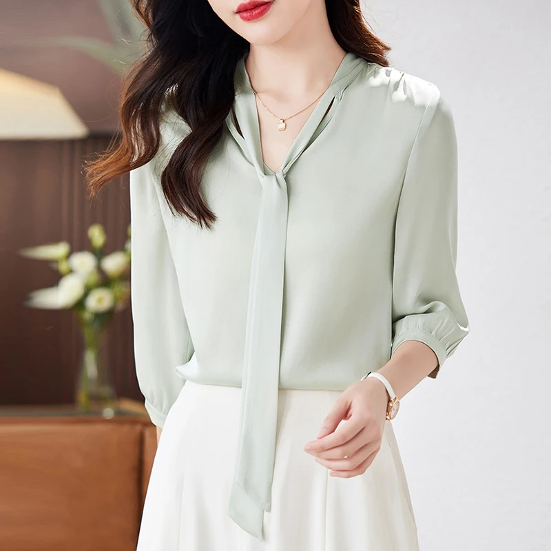 New Real Silk Office Lady Bow Shirt 2026 Summer Elegant Fashion Shirts and Blouses for Women Tops Loose Woman Solid Blouse
New Real Silk Office Lady Bow Shirt 2026 Summer Elegant Fashion Shirts and Blouses for Women Tops Loose Woman Solid Blouse