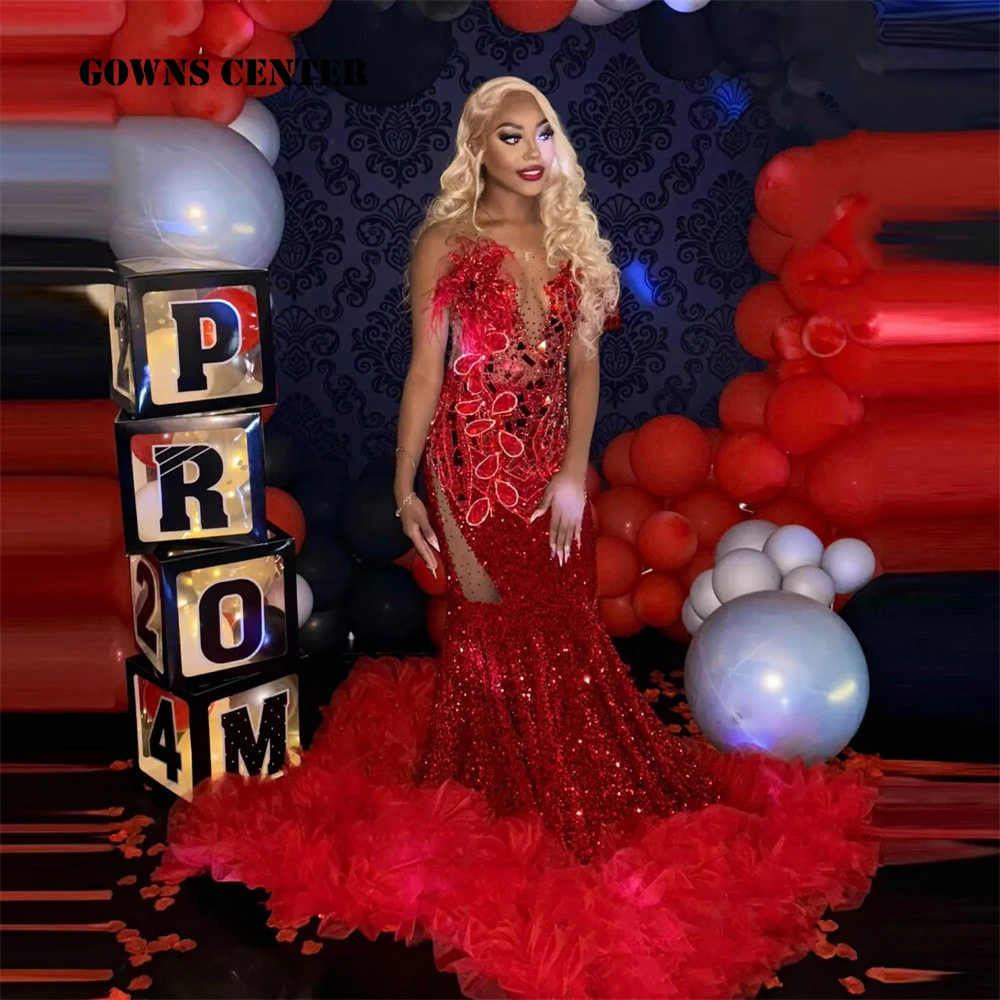 Wonderful Red Sequin Christmas Prom Dresses Mirror Pieces Ruched Train Feather Beads Birthday Party Dress Black Girls Customized
Wonderful Red Sequin Christmas Prom Dresses Mirror Pieces Ruched Train Feather Beads Birthday Party Dress Black Girls Customized