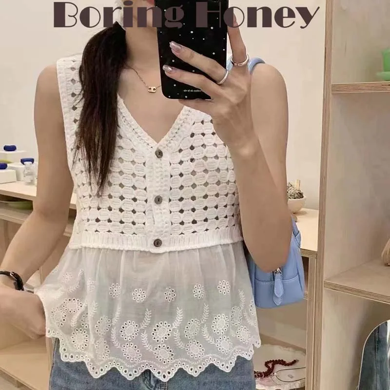 Boring Honey Summer Fashion Crochet Design Sense Vest With Round Neck Single-Breasted Stitching Tops Hollow Out Slim Top Women
Boring Honey Summer Fashion Crochet Design Sense Vest With Round Neck Single-Breasted Stitching Tops Hollow Out Slim Top Women
