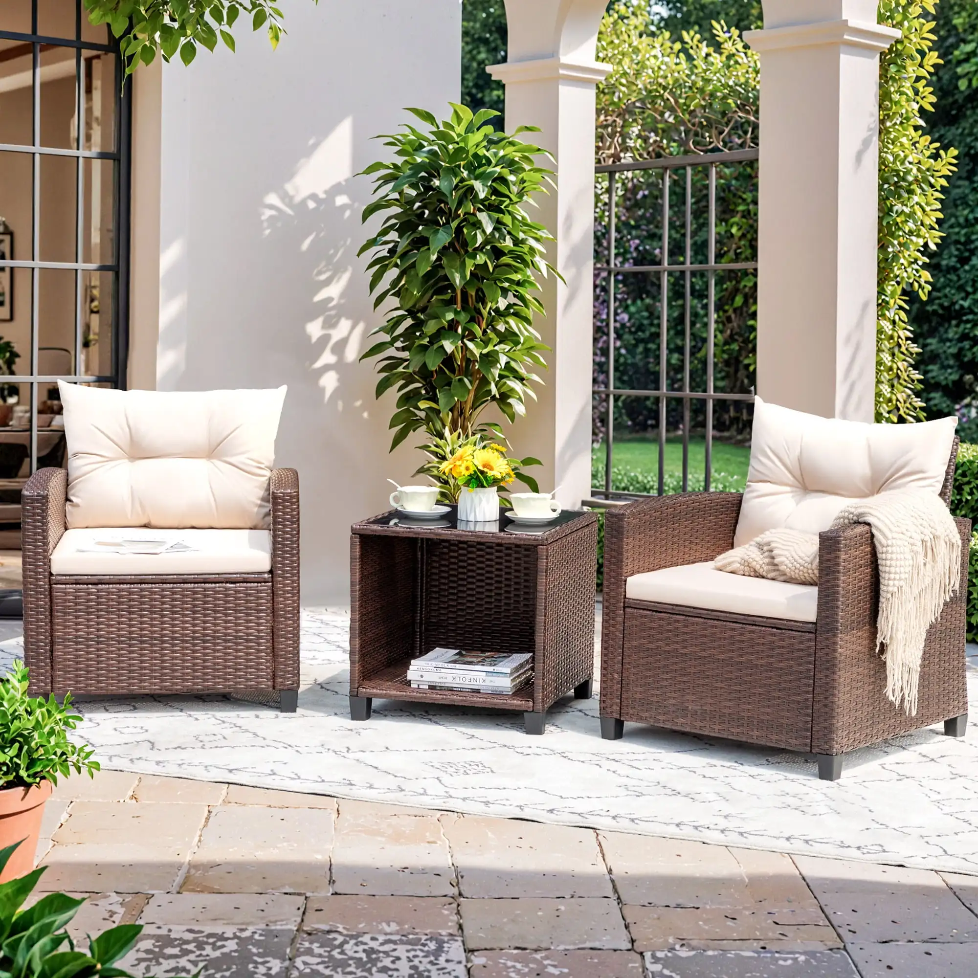 Outdoor Furniture Sets 3 Pieces Patio Bistro Set, Rattan Patio Conversation Chair Set with Cushion and Coffee Table, Beige
Outdoor Furniture Sets 3 Pieces Patio Bistro Set, Rattan Patio Conversation Chair Set with Cushion and Coffee Table, Beige