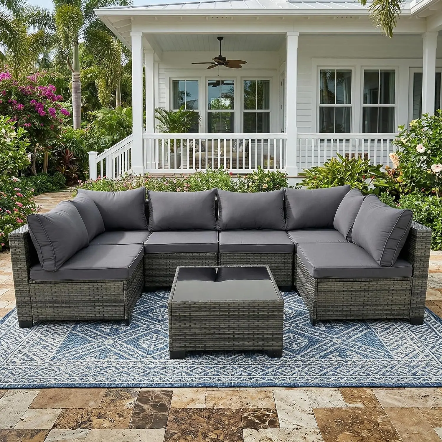 7pc All-Weather PE Rattan Sectional Sofa Set w/ Coffee Table & 8.5in Cushions for Patio Porch Poolside, Customized
7pc All-Weather PE Rattan Sectional Sofa Set w/ Coffee Table & 8.5in Cushions for Patio Porch Poolside, Customized