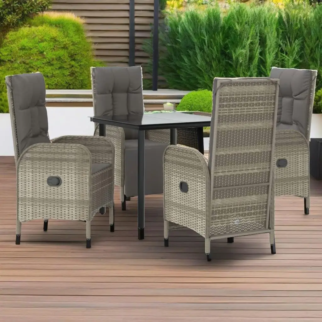5-Piece Black & Gray Poly Rattan Patio Dining Set with Cushions - Stylish Outdoor Furniture
5-Piece Black & Gray Poly Rattan Patio Dining Set with Cushions - Stylish Outdoor Furniture