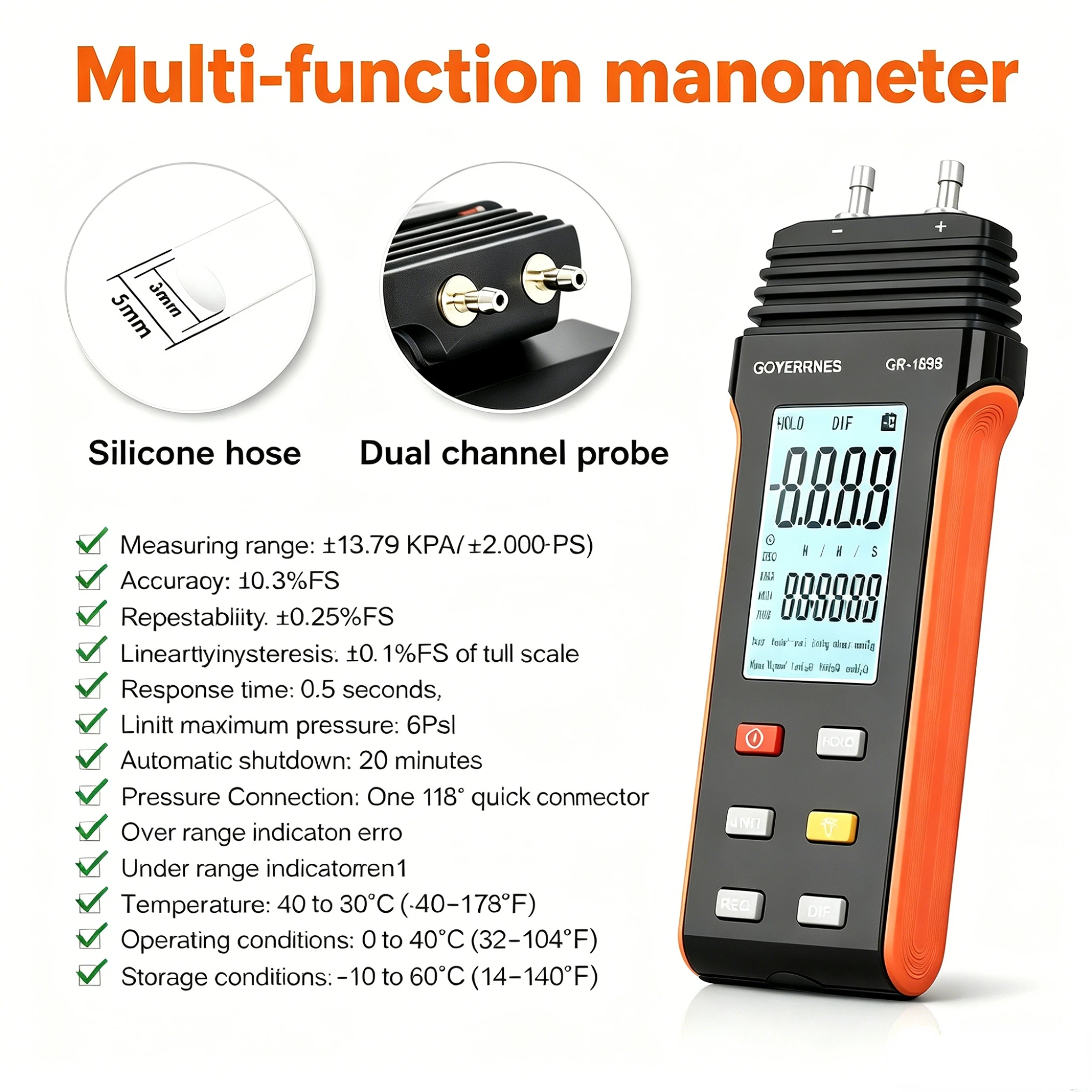 Digital Differential Pressure Gauge, High-Accuracy Portable Manometer for HVAC, Gas/Air Pressure, Multi-Unit & Data Hold
Digital Differential Pressure Gauge, High-Accuracy Portable Manometer for HVAC, Gas/Air Pressure, Multi-Unit & Data Hold