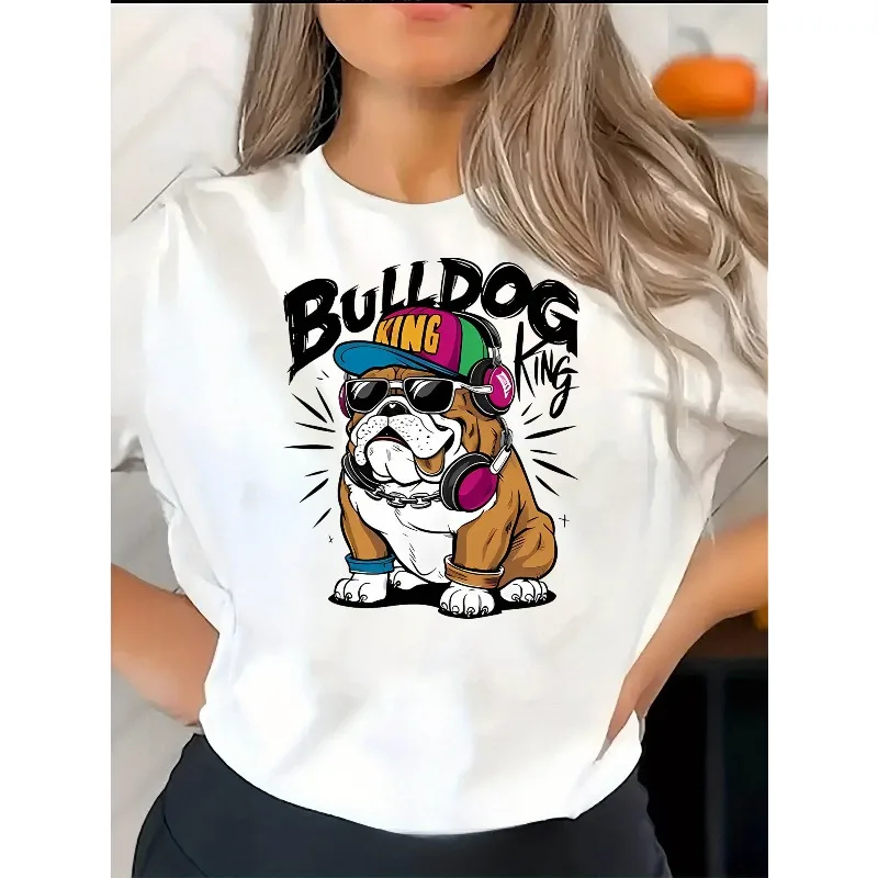 Women's Bulldog Pattern T-shirt Black Casual Short Sleeve Round Neck Top Fashion Glasses and Earphone Design Soft Women's Top
Women's Bulldog Pattern T-shirt Black Casual Short Sleeve Round Neck Top Fashion Glasses and Earphone Design Soft Women's Top