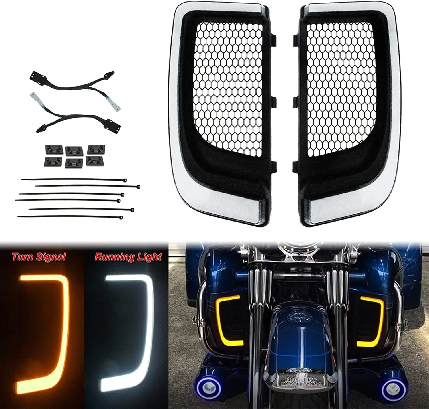 Motorcycle Leg Fairing Turn Signal Lower Fairing Grills Running Lights for Har-ley Touring Street Road Glide 2014-2022 1Pair
Motorcycle Leg Fairing Turn Signal Lower Fairing Grills Running Lights for Har-ley Touring Street Road Glide 2014-2022 1Pair