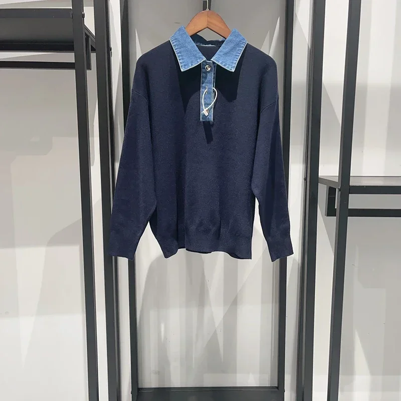 Early Autumn 2024 Women Knitted Pullover Tops Fashion Denim Splices Turn-Down Collar Long Sleeve Single Breasted Retro Sweater
Early Autumn 2024 Women Knitted Pullover Tops Fashion Denim Splices Turn-Down Collar Long Sleeve Single Breasted Retro Sweater