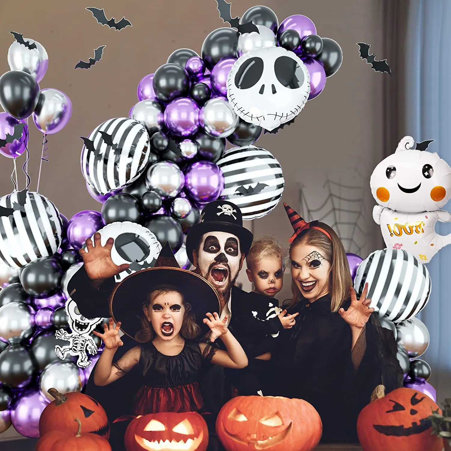 85pcs Halloween Black Purple Silver Balloon Chain Set Skull Ghost Stripe Aluminum Film Balloon Ghost Party Decoration Ball
85pcs Halloween Black Purple Silver Balloon Chain Set Skull Ghost Stripe Aluminum Film Balloon Ghost Party Decoration Ball
