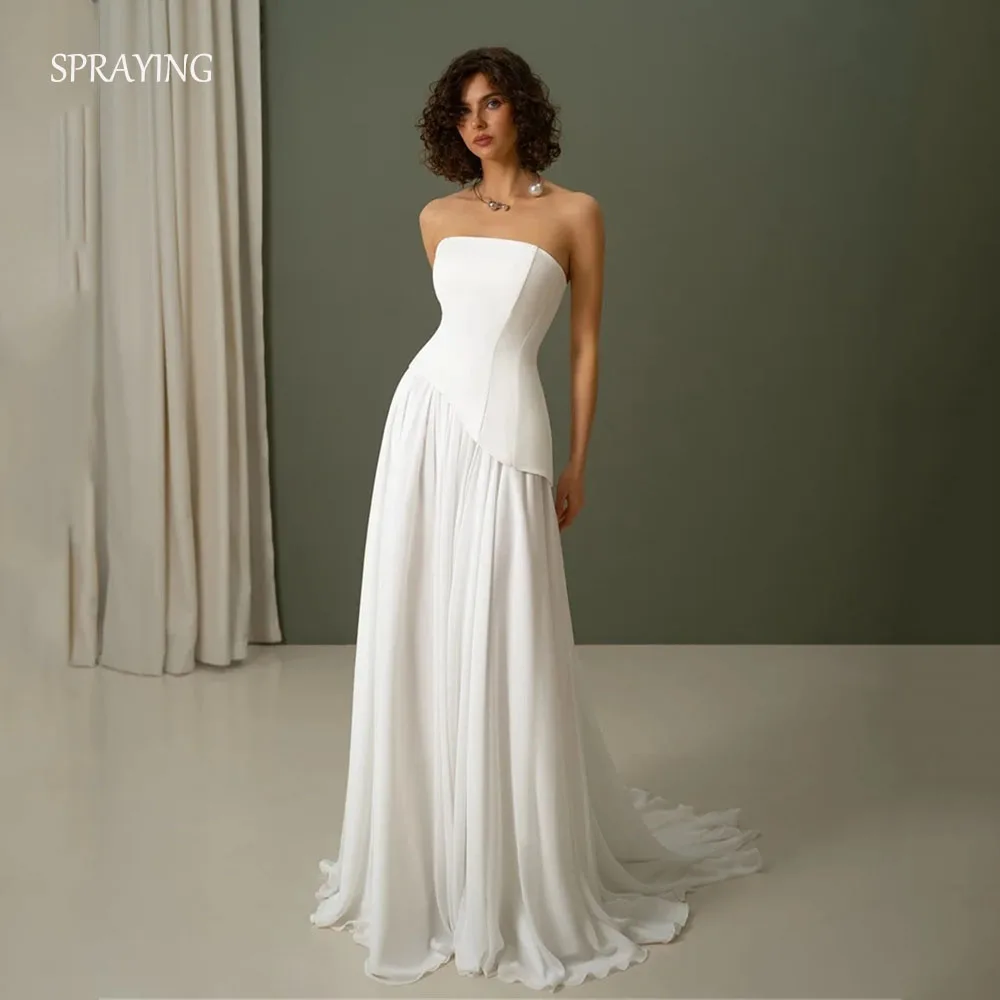 SPRAYING A-Line Wedding Dresses Long Floor-Length Strapless Sleeveless Chiffon Elegant Brides Gown Custom Made 2026
SPRAYING A-Line Wedding Dresses Long Floor-Length Strapless Sleeveless Chiffon Elegant Brides Gown Custom Made 2026