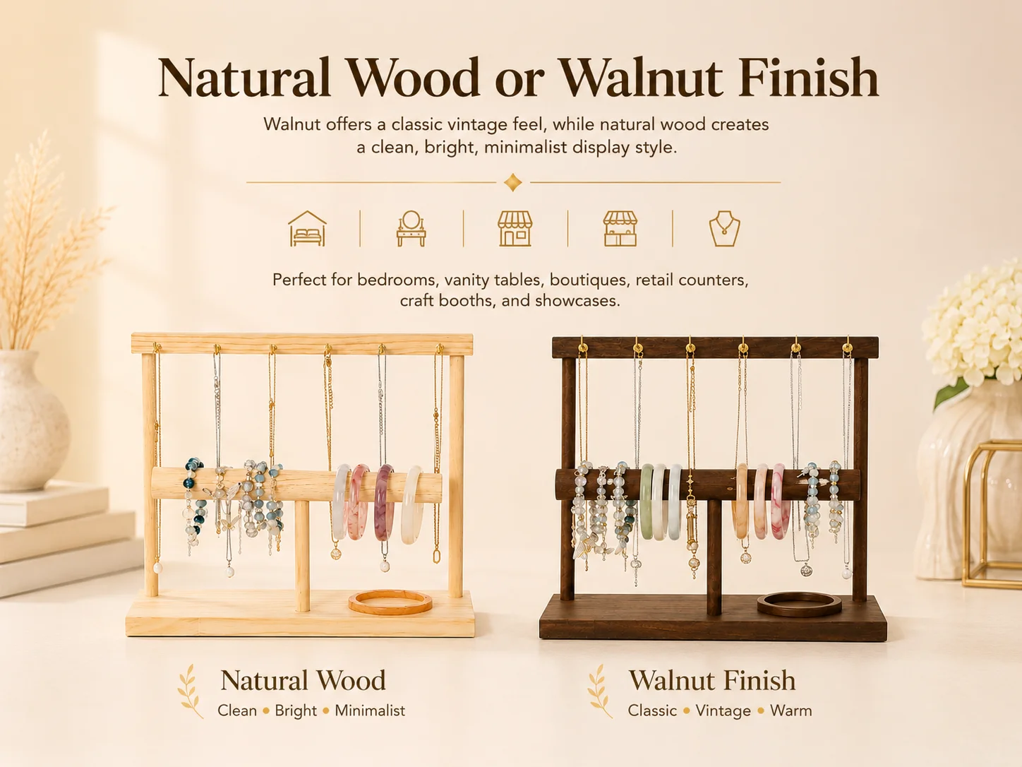 Natural Wood & Walnut Finish Jewelry Organizer Rack, Multi Hooks Necklace Bracelet Holder for Vanity & Retail Shop
Natural Wood & Walnut Finish Jewelry Organizer Rack, Multi Hooks Necklace Bracelet Holder for Vanity & Retail Shop