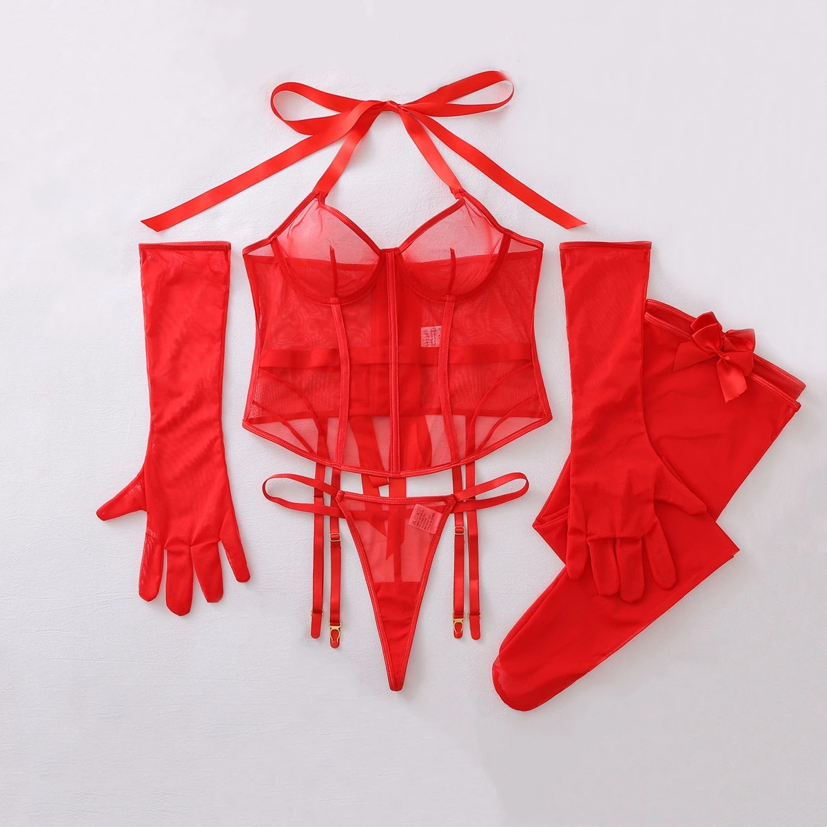 Sexy Mesh Waistband Openwork Sheer Lingerie Set Women's Tie-up Underwear Split Set with Bow Leg Socks Female Red Bow Shapewear
Sexy Mesh Waistband Openwork Sheer Lingerie Set Women's Tie-up Underwear Split Set with Bow Leg Socks Female Red Bow Shapewear