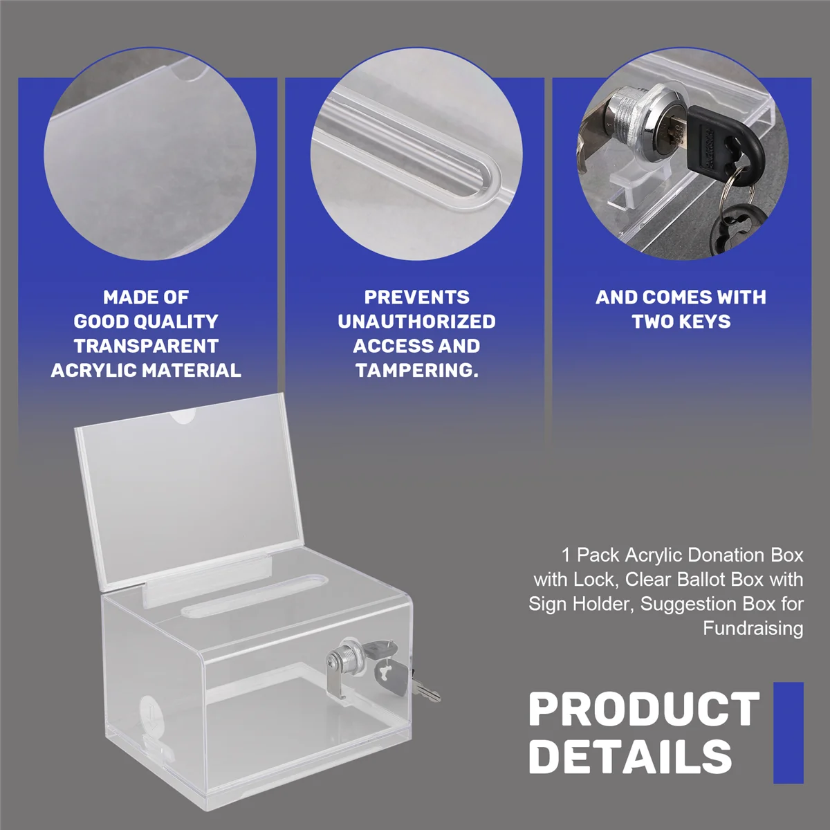 Hot Sale 1 Pack Acrylic Donation Box with Lock, Clear Ballot Box with Sign Holder, Suggestion Box for Fundraising
Hot Sale 1 Pack Acrylic Donation Box with Lock, Clear Ballot Box with Sign Holder, Suggestion Box for Fundraising