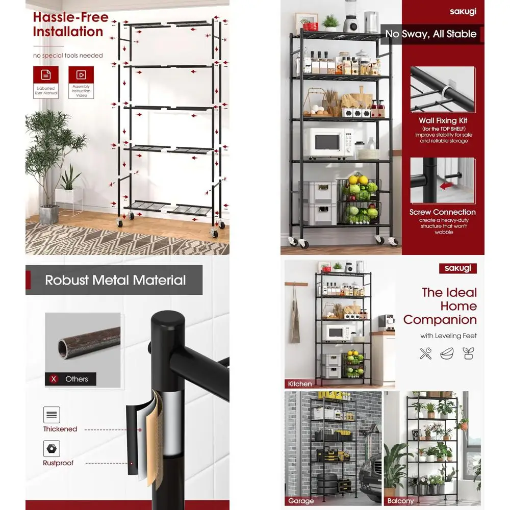 5-Tier Adjustable Metal Shelf Organizer with Wheels, Heavy-Duty for Garage, Kitchen, Pantry, 33.1x12.6x73.5 Black
5-Tier Adjustable Metal Shelf Organizer with Wheels, Heavy-Duty for Garage, Kitchen, Pantry, 33.1x12.6x73.5 Black
