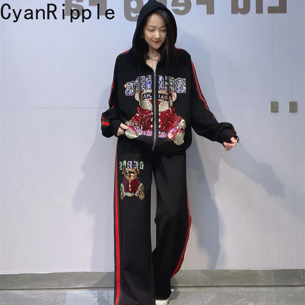 Trendy New Spring Autumn Women Two-piece Set Bear Hot Diamonds Long Sleeve Zip Hooded Top + Elastic Waist Casual Straight Pants
Trendy New Spring Autumn Women Two-piece Set Bear Hot Diamonds Long Sleeve Zip Hooded Top + Elastic Waist Casual Straight Pants