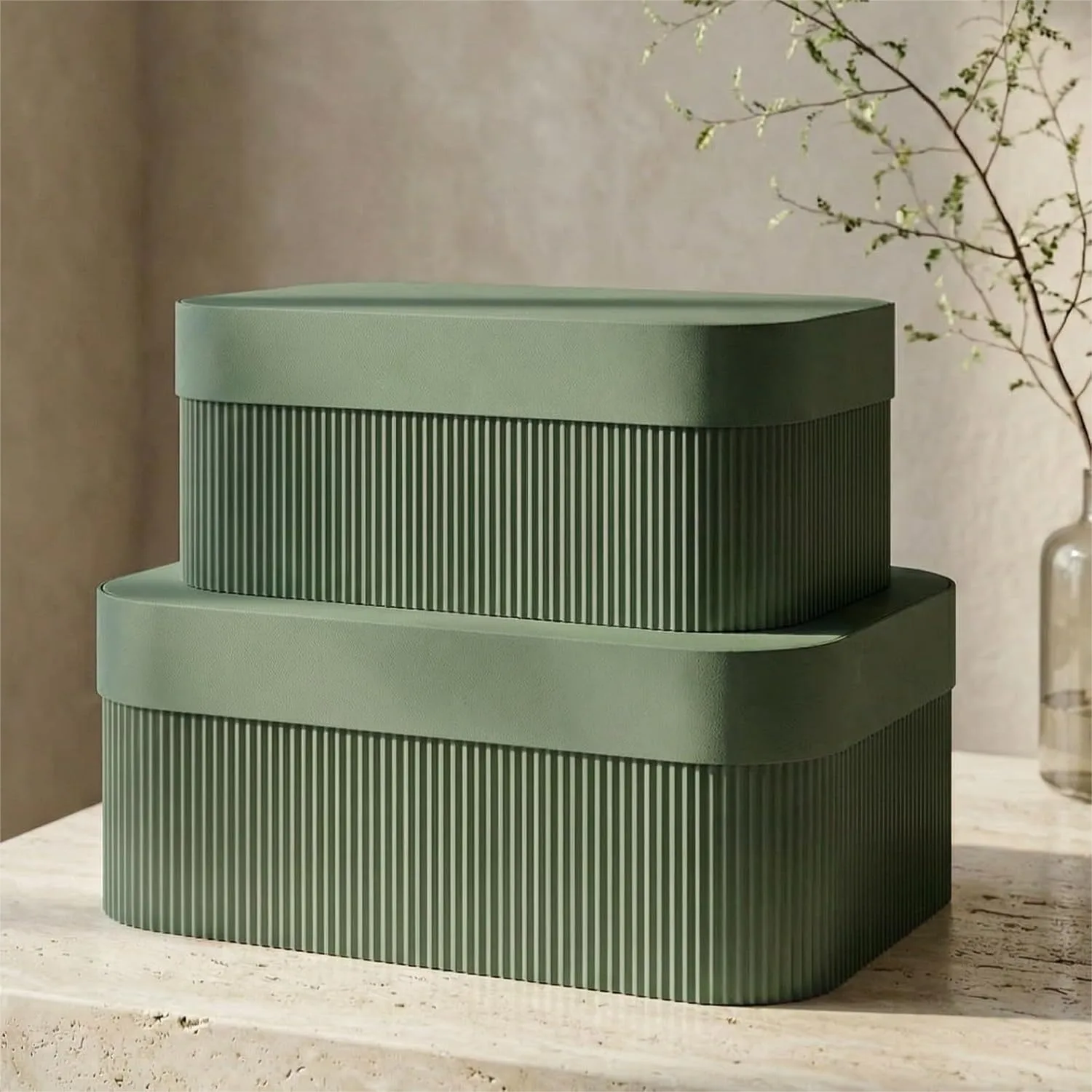 Decorative Storage Boxes with Lids Set of 2 Fluted Cardboard Organizer Bins for Home Bookshelf Decor
Decorative Storage Boxes with Lids Set of 2 Fluted Cardboard Organizer Bins for Home Bookshelf Decor