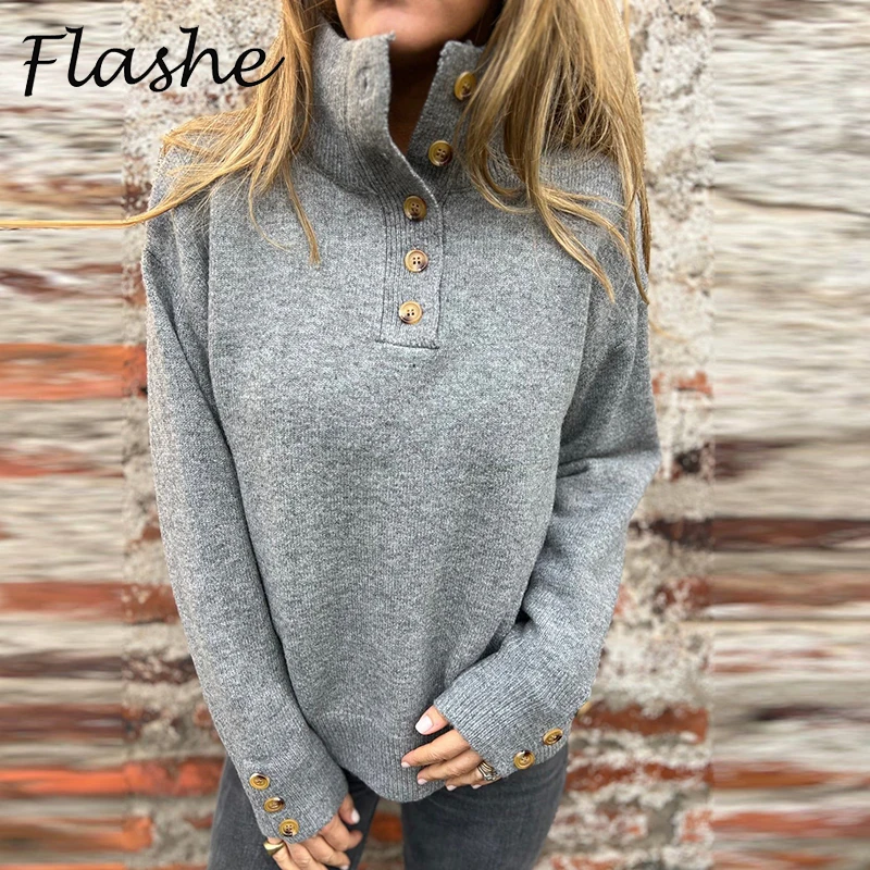 Fashionable Knitted High Collar Long Sleeve Women Sweater Button Design Autumn Winter Loose Knitwear Female Pullover Tops
Fashionable Knitted High Collar Long Sleeve Women Sweater Button Design Autumn Winter Loose Knitwear Female Pullover Tops