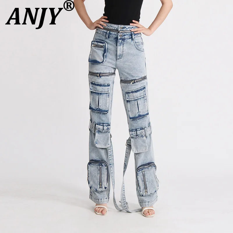 ANJY Autumn New Women's Safari Style Chic Streetwear Straight Denim Pants Casual Patchwork Zipper Multi-pocket Cargo Jeans A7155
ANJY Autumn New Women's Safari Style Chic Streetwear Straight Denim Pants Casual Patchwork Zipper Multi-pocket Cargo Jeans A7155