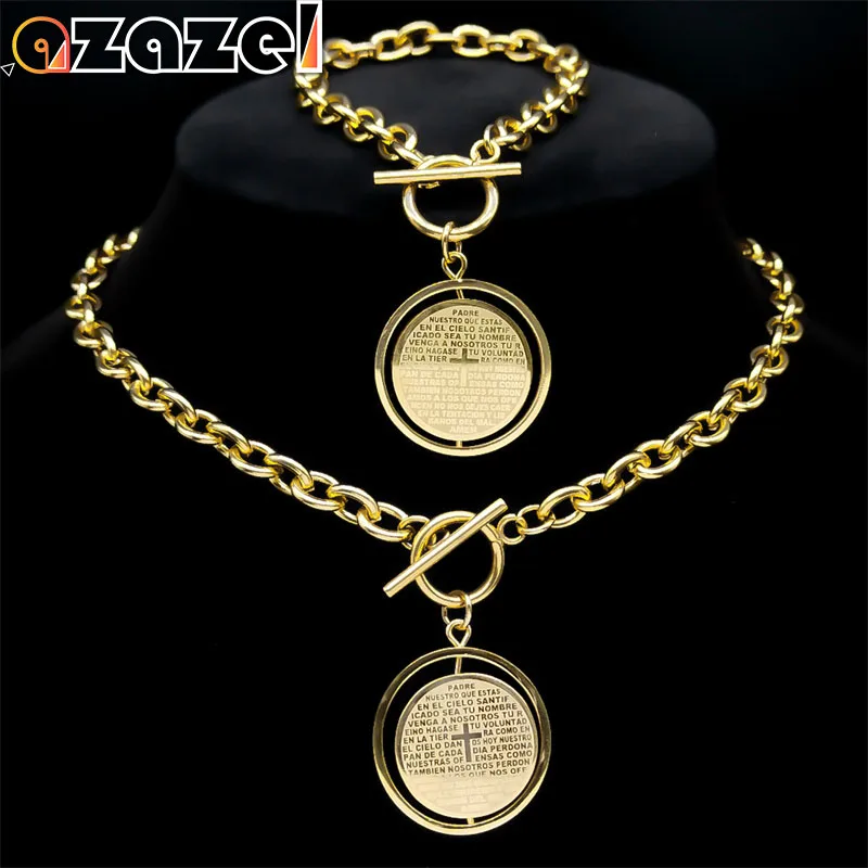 Spanish Bible Cross Pendant Necklace Bracelet Set for Women Men Hip Hop Punk Stainless Steel Gold Color Aesthetic Party Jewelry
Spanish Bible Cross Pendant Necklace Bracelet Set for Women Men Hip Hop Punk Stainless Steel Gold Color Aesthetic Party Jewelry