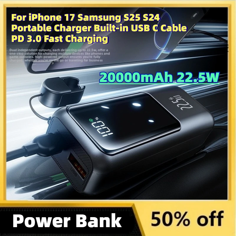 In Stock 20000mAh 22.5W Mini Power Bank for iPhone 17 Samsung S25 S24 Portable Charger Built-in USB C Cable PD 3.0 Fast Charging
In Stock 20000mAh 22.5W Mini Power Bank for iPhone 17 Samsung S25 S24 Portable Charger Built-in USB C Cable PD 3.0 Fast Charging