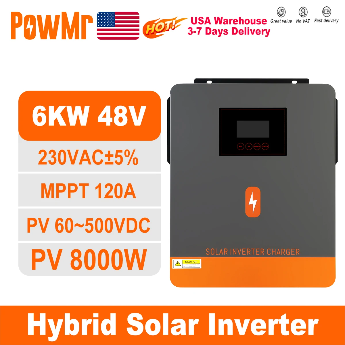 PowMr USA 6200W 48V Hybrid Solar Inverter Charger Pure Sine Wave 60-500V DC PV 8000W Max, Lead Acid Lithium Battery Dual Communication Remote Monitor Auto Switch for Home Off-Grid Power EU 50Hz Full Protection
PowMr USA 6200W 48V Hybrid Solar Inverter Charger Pure Sine Wave 60-500V DC PV 8000W Max, Lead Acid Lithium Battery Dual Communication Remote Monitor Auto Switch for Home Off-Grid Power EU 50Hz Full Protection