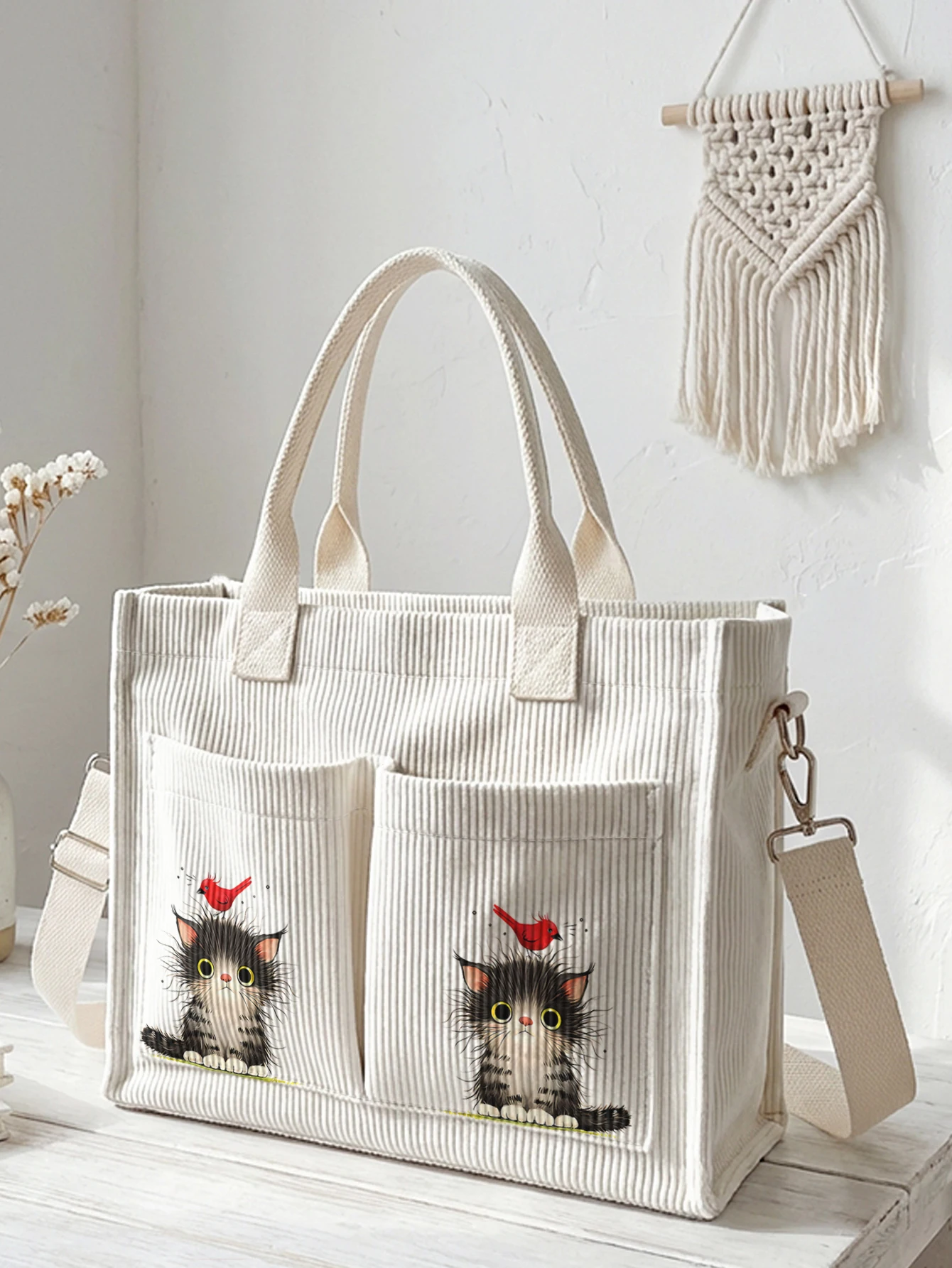 Cute Kitten & Red Bird Print Corduroy Tote Bag Large Capacity Multi Pocket Cat Lover Commuter Shoulder Bag
Cute Kitten & Red Bird Print Corduroy Tote Bag Large Capacity Multi Pocket Cat Lover Commuter Shoulder Bag