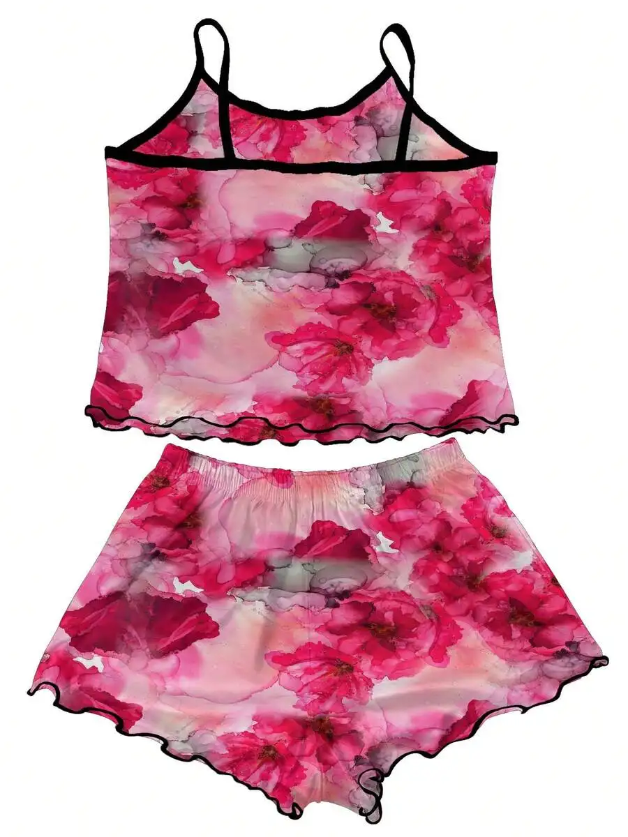 Womens Pink Floral Print Two-Piece Pajama Set With Black Trim Camisole And Shorts
Womens Pink Floral Print Two-Piece Pajama Set With Black Trim Camisole And Shorts