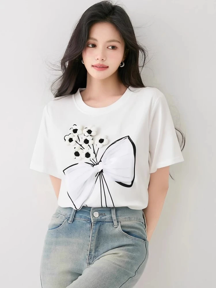 Plus Size Summer Round Neck Pure Cotton Overhead T-Shirt Butterfly Knot Small Fluffy Flower Shoulder Casual Short Sleeve Blouses
Plus Size Summer Round Neck Pure Cotton Overhead T-Shirt Butterfly Knot Small Fluffy Flower Shoulder Casual Short Sleeve Blouses