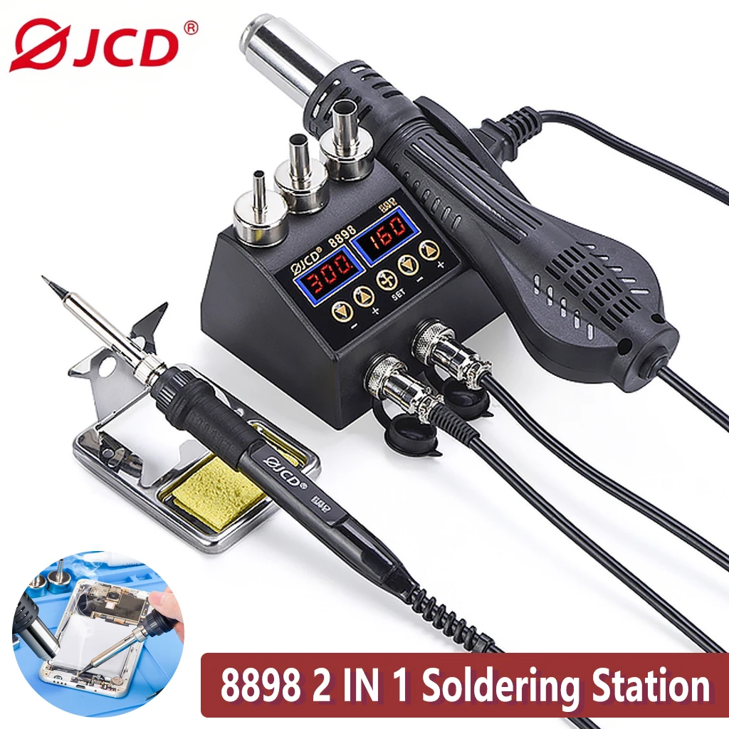 JCD 2 in 1 8898 Soldering Station Heat Gun Soldering Iron Dual Display BGA Rework Solder Station For SMD IC Desoldering Tools
JCD 2 in 1 8898 Soldering Station Heat Gun Soldering Iron Dual Display BGA Rework Solder Station For SMD IC Desoldering Tools