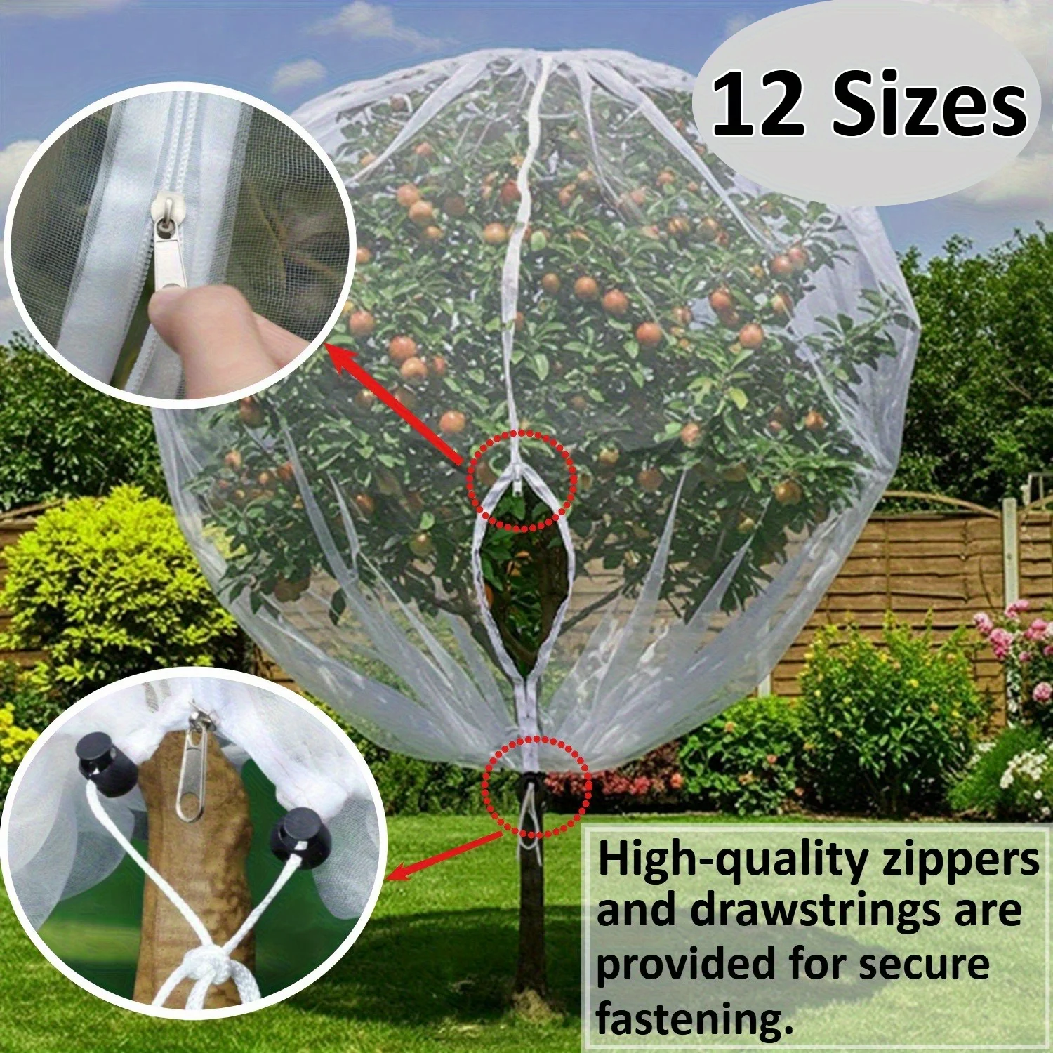 Fruit tree protective net, with zipper adjustable drawstring, prevents birds/insects, sturdy and durable PE cover
Fruit tree protective net, with zipper adjustable drawstring, prevents birds/insects, sturdy and durable PE cover