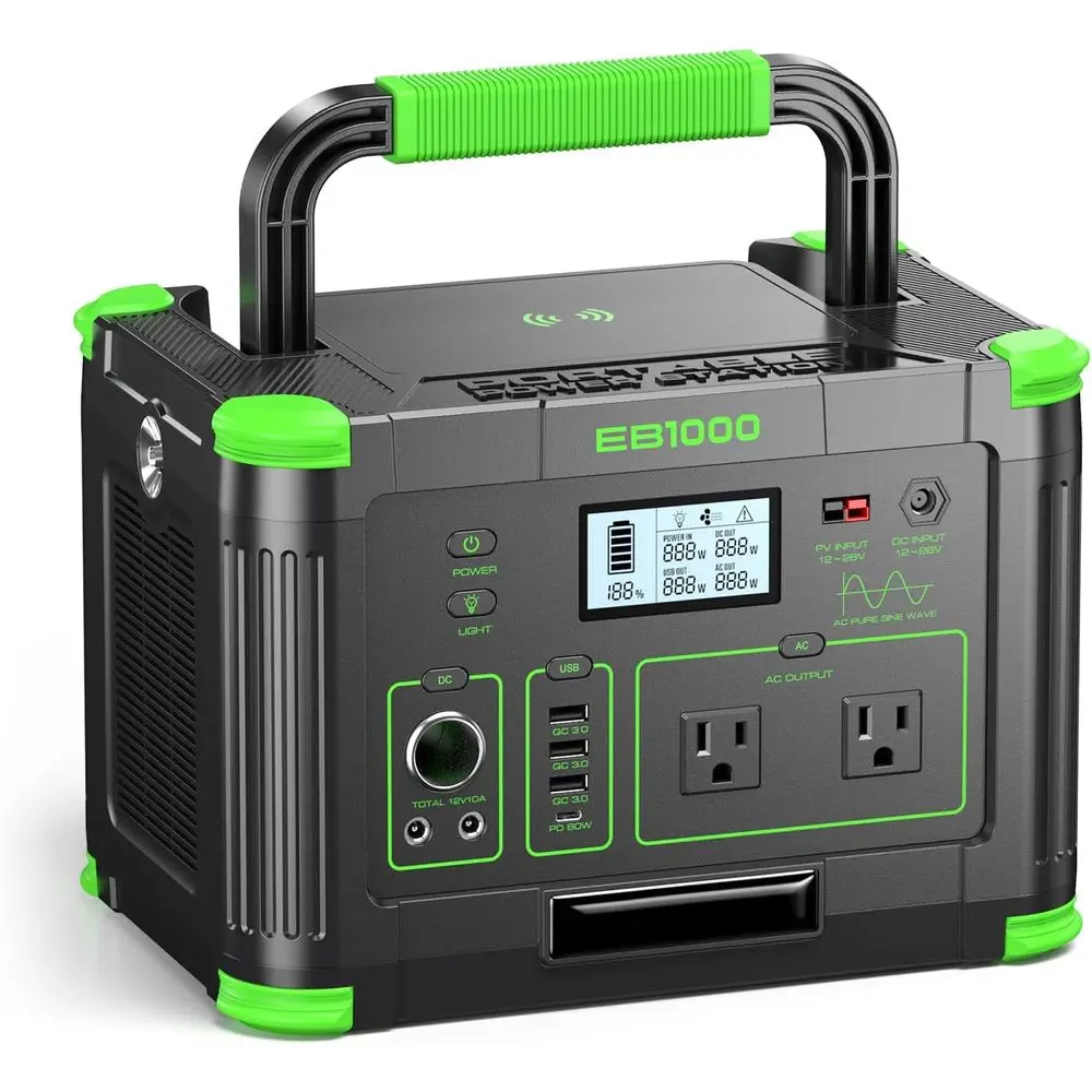 1000W Portable Power Station, 999Wh Backup Battery with Sine Wave Output, Rechargeable via AC/Car, Ideal for Camping, RV, Home E
1000W Portable Power Station, 999Wh Backup Battery with Sine Wave Output, Rechargeable via AC/Car, Ideal for Camping, RV, Home E