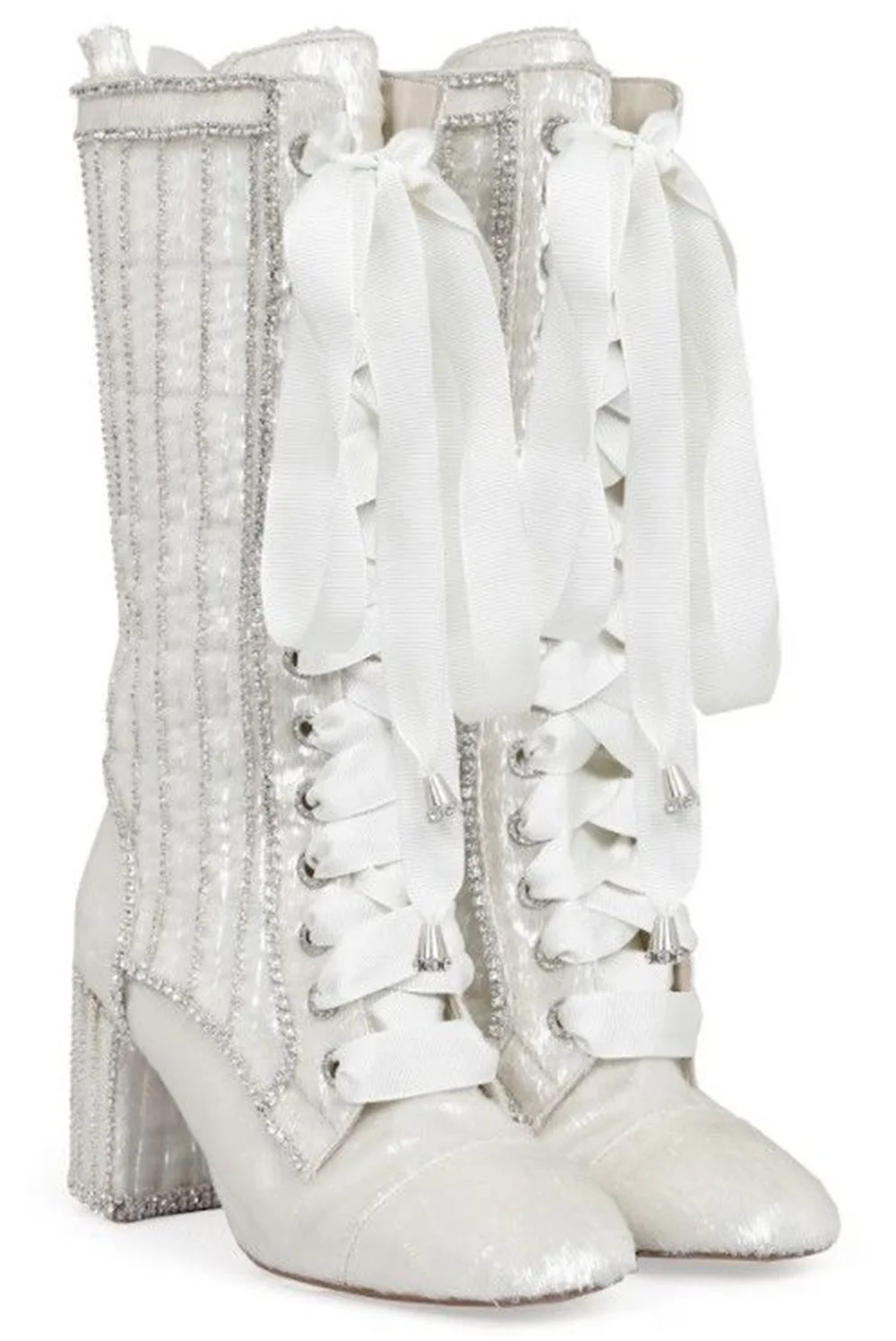 Elegant White Ribbed Fabric Lace-Up Ankle Boots Crystal-Studded Satin Laces Block Heel Design Classical Style Lady Boots
Elegant White Ribbed Fabric Lace-Up Ankle Boots Crystal-Studded Satin Laces Block Heel Design Classical Style Lady Boots