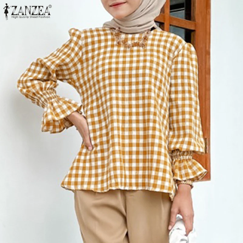 ZANZEA Muslim Modest Gingham Blouses Women O-Neck Long Sleeve Shirred Cuffs Loose Tops Daily Casual Islamic Hijabis Blusas
ZANZEA Muslim Modest Gingham Blouses Women O-Neck Long Sleeve Shirred Cuffs Loose Tops Daily Casual Islamic Hijabis Blusas