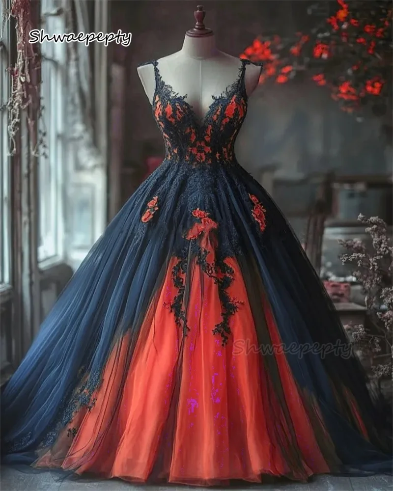 Red And Black Gothic Wedding Dresses Spaghetti Straps Long Tulle Vintage Bridal Gowns Lace Appliques Back Lace-up Customized
Red And Black Gothic Wedding Dresses Spaghetti Straps Long Tulle Vintage Bridal Gowns Lace Appliques Back Lace-up Customized