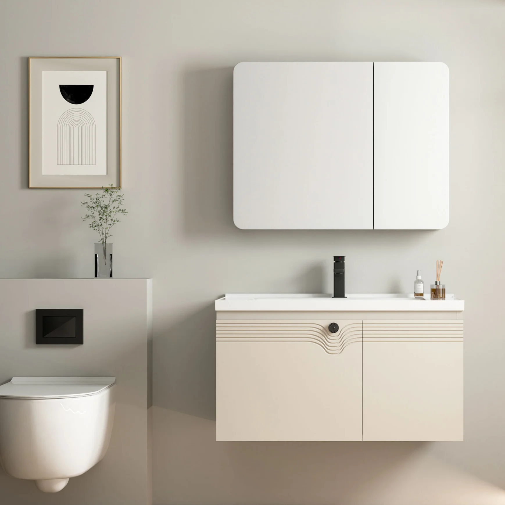 Light Luxury Hotel PVC Hanging Bathroom Cabinet Bathroom Vanity Set with Ceramic Sink Cabinet Mirror
Light Luxury Hotel PVC Hanging Bathroom Cabinet Bathroom Vanity Set with Ceramic Sink Cabinet Mirror