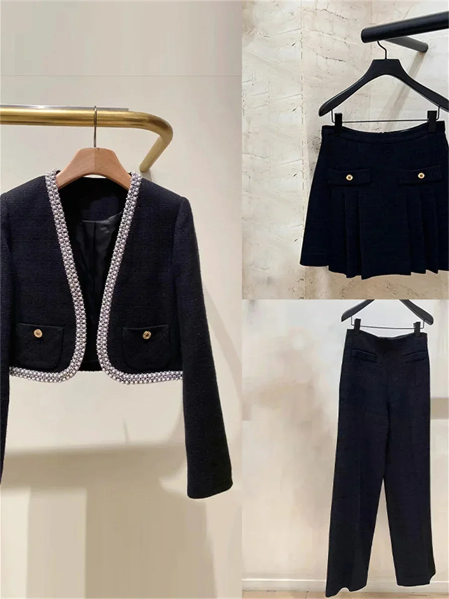 Autumn New Women Black Tweed Set Bead Decoration Long Sleeve Cardigan Jacket Pleated Mini Skirt or High Waist Long Pants
Autumn New Women Black Tweed Set Bead Decoration Long Sleeve Cardigan Jacket Pleated Mini Skirt or High Waist Long Pants