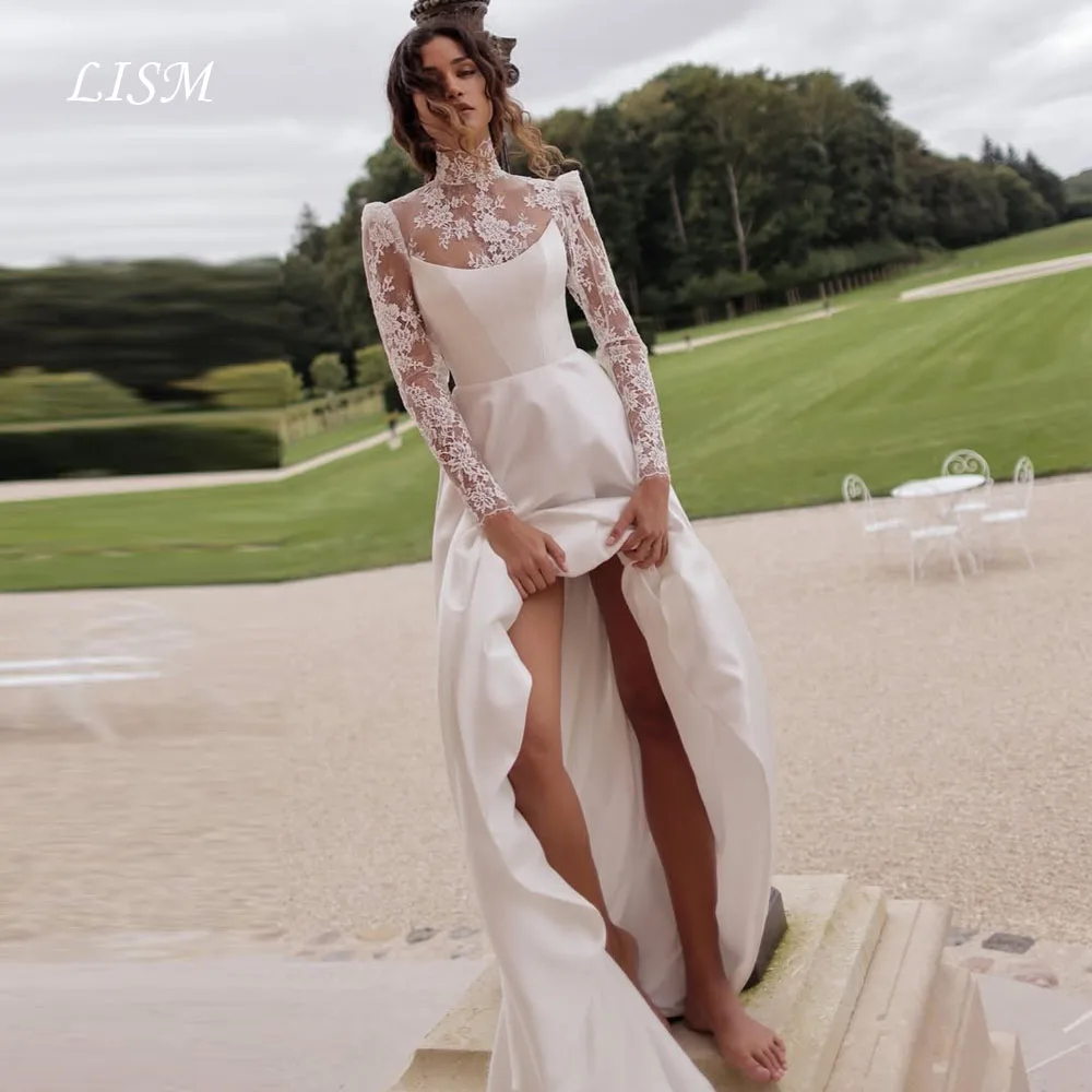 LISM High Neck A-Line Wedding Dresses Lace Silk Full Sleeves Satin Elegant Long Bridal Gowns Luxury Customized Robe de mariée
LISM High Neck A-Line Wedding Dresses Lace Silk Full Sleeves Satin Elegant Long Bridal Gowns Luxury Customized Robe de mariée