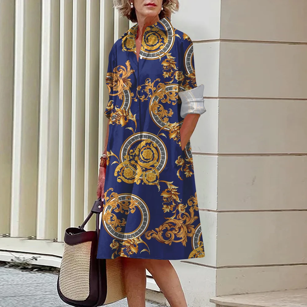 Fashion Women's Lapel Long Sleeve Dress Autumn New Elegant Printed Single Breasted Shirt Dress Casual Lapel Pocket Long Dresses
Fashion Women's Lapel Long Sleeve Dress Autumn New Elegant Printed Single Breasted Shirt Dress Casual Lapel Pocket Long Dresses